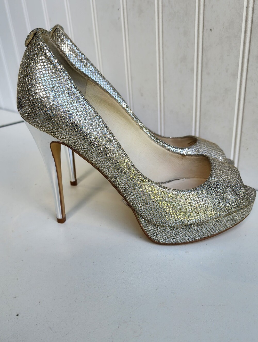MICHAEL KORS  Silver Metallic Bling Platform Peep Toe Stiletto Heels Size 5.5 M